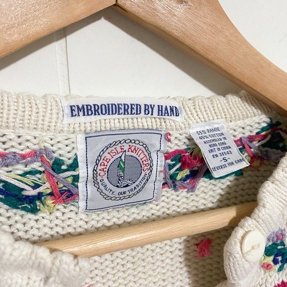 Vintage 80s/90s Cape Isle Knitters Floral Hand Embroidered Cardigan Size XS - Picture 9 of 10